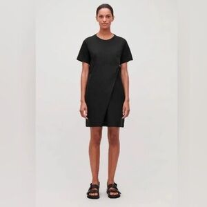 COS BLACK SHIRT SLEEVE DRESS WITH OVERLAP FRONT ASYMMETRICAL COTTON XSMALL